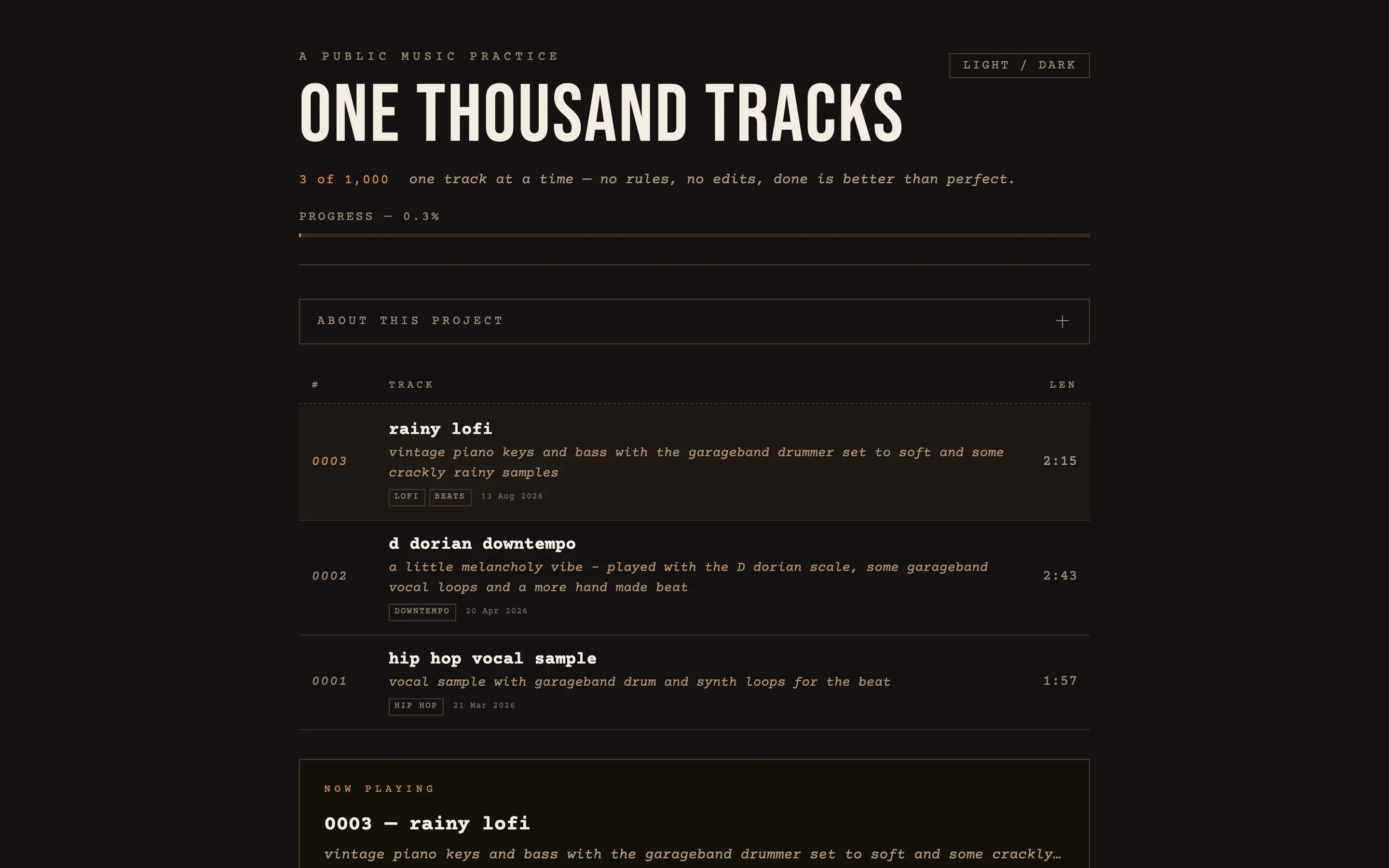 The One Thousand Tracks archive in dark mode: a progress counter above a numbered track listing with an inline player.