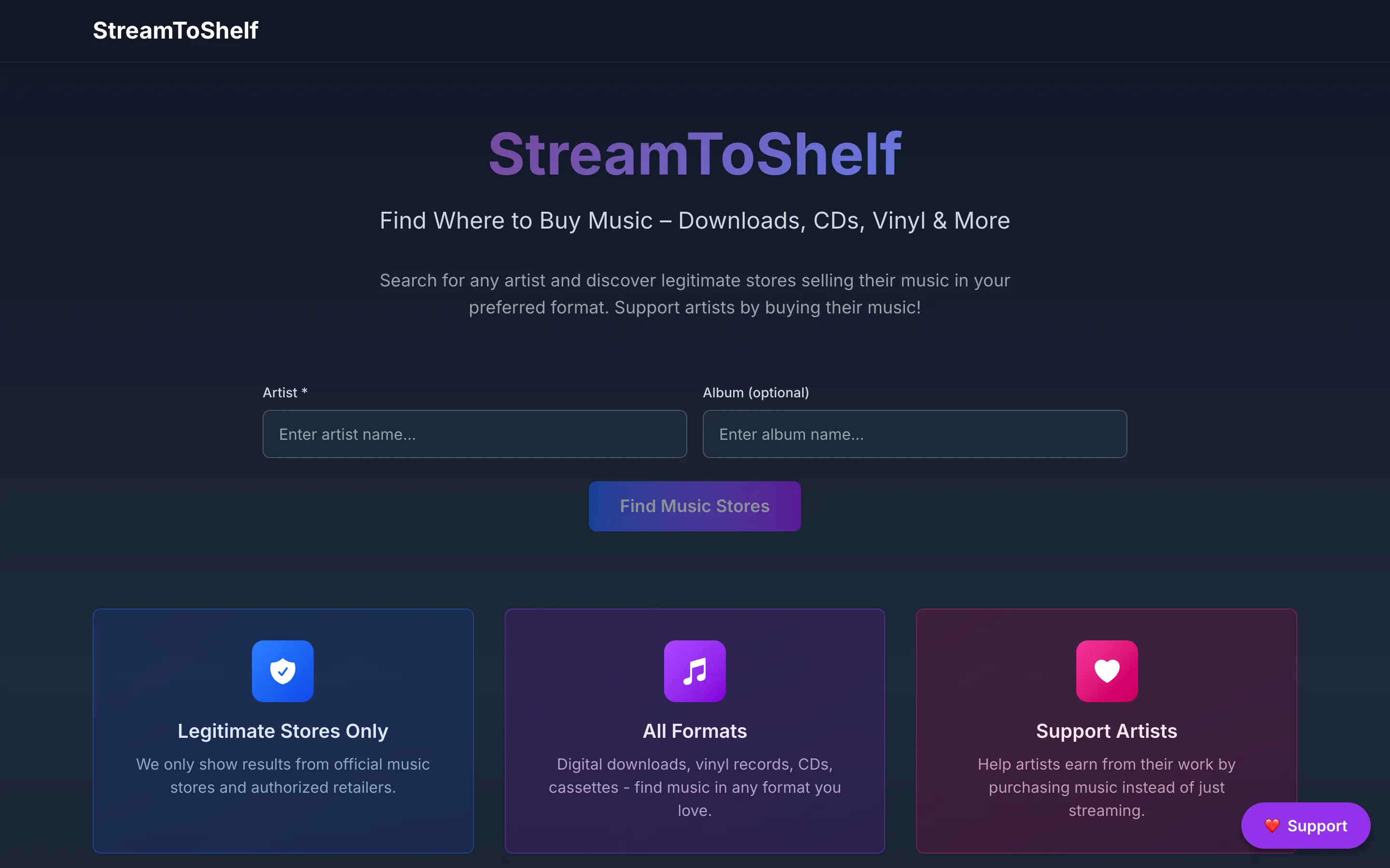 The Stream to Shelf home page: a search form for artist and album above three feature panels.
